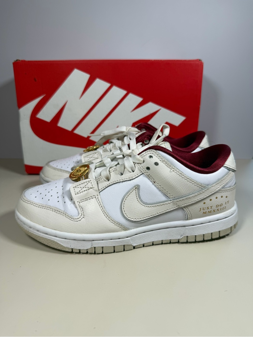 Nike Dunk low SE Sister hood/just do it Women’s White and Burgundy Sneakers